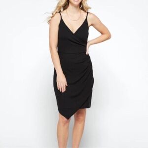 Goldray Midi Dress Black Faux Wrap Ruched Asymmetrical Preppy Party Large